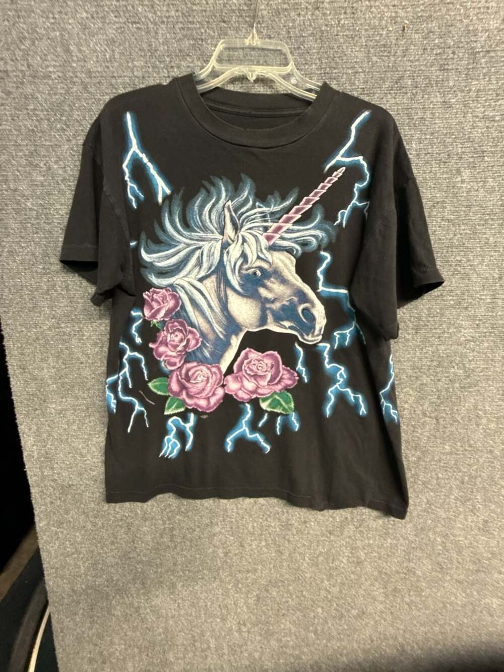 Vintage 90s Sunrise Sportswear Unicorn Lightning Graphic T-Shirt Black